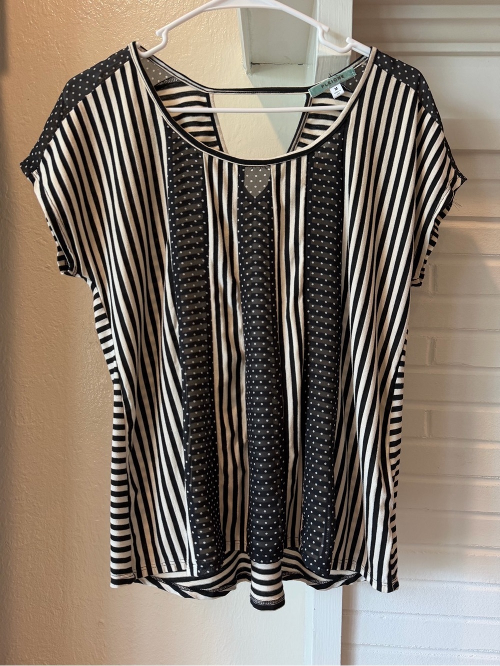 Pleione Mixed Stripe & Polka Dot Short Sleeve Blouse Size Medium Black White